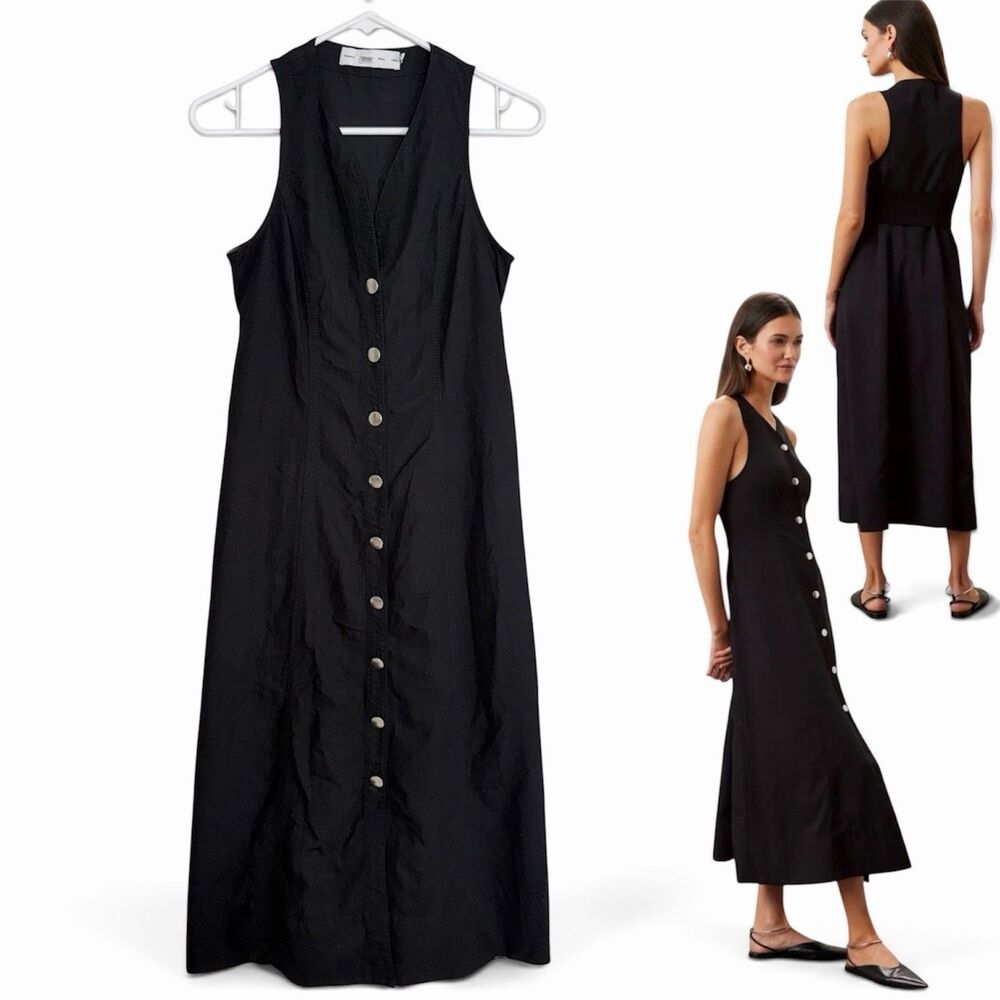 Proenza Schouler Black Button Front Sleeveles Midi Dress Sz 2 Minimalist Luxury